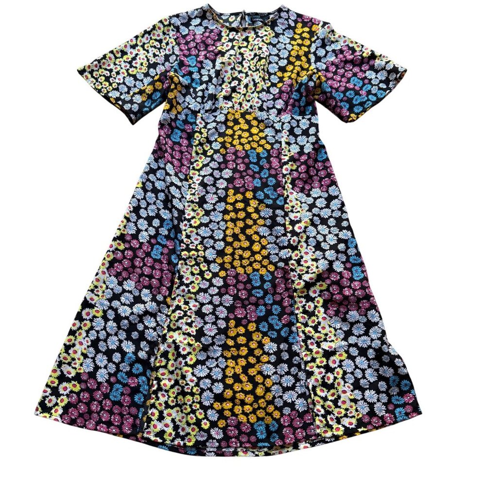 Boohoo Size 10 Multicolor Floral Daisy Short Sleeve Keyhole Back Midi Dress